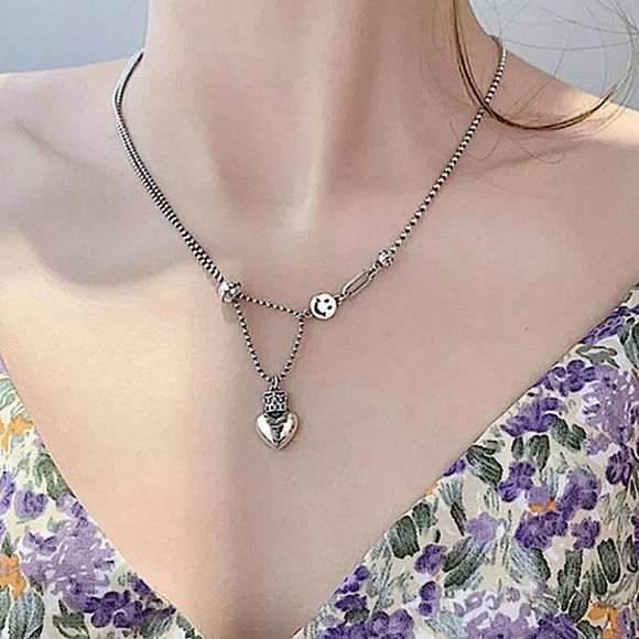 Sterling Silver Happy Face Heart Charm Charm Pendant Necklace - Picture 7 of 11